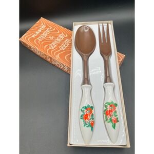 Vtg 1970s Plastic Salad Serving Fork Spoon Set Orange Blossom Retro MCM In Box